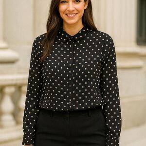 Black Tan L/S Polka Dots Top Blouse Chiffon Sheer Blouse M Career